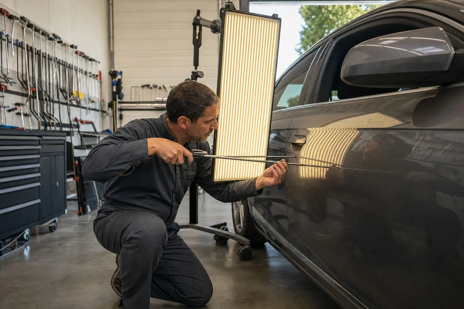 Un carrossier repousse une bosse de portière avec des tiges fines, sous une lampe de contrôle à lignes.