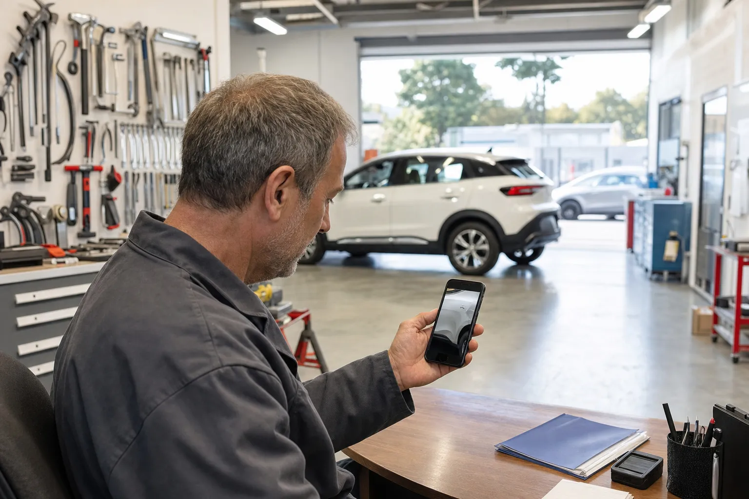 Un carrossier étudie à son bureau les photos de la bosse envoyées par le client pour établir le devis.